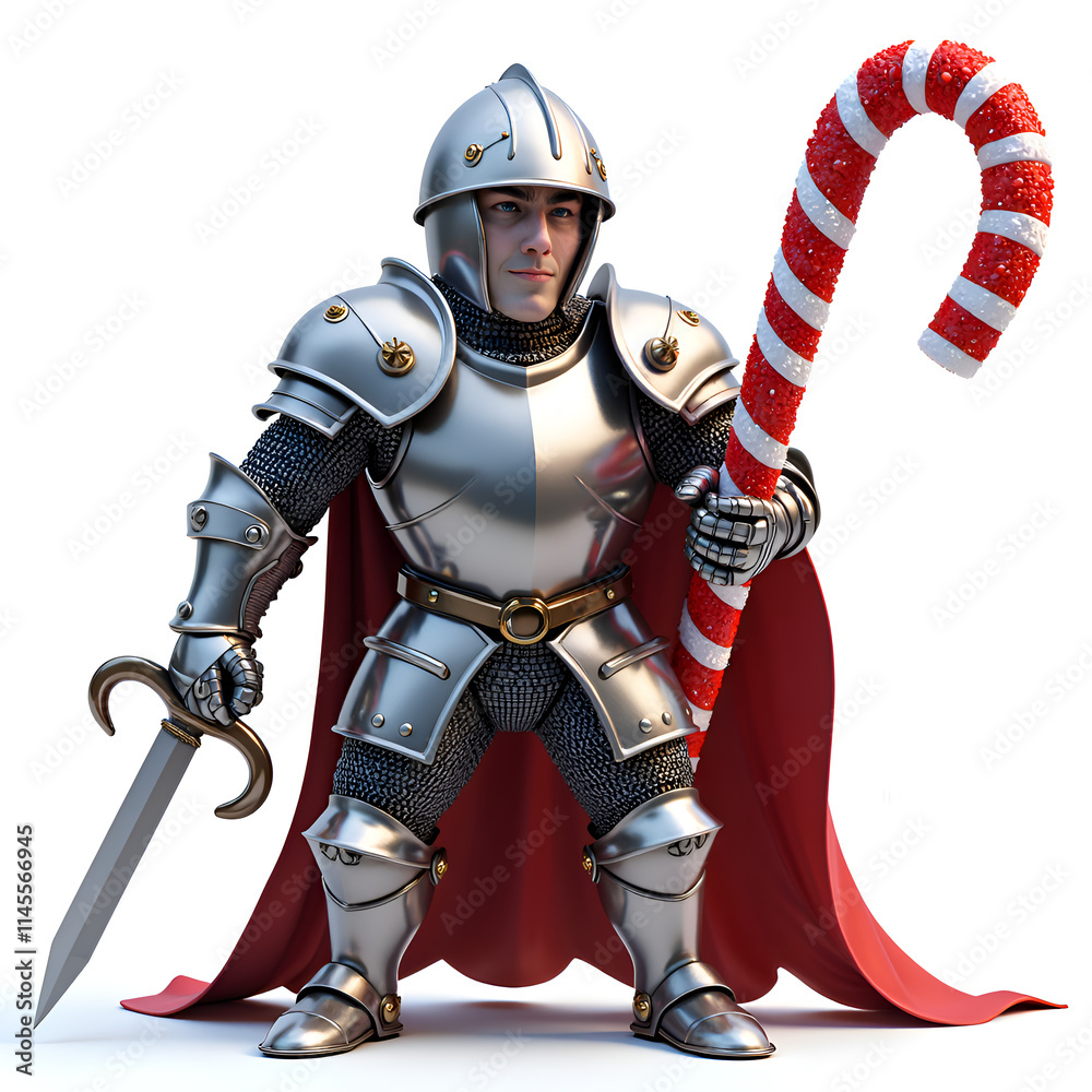 Obraz premium Valiant knight holding a candy cane a festive warrior ready for battle, 3d rendering of fantasy character concept.