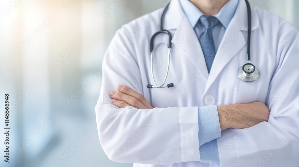 A professional doctor in a white coat stands with arms crossed, wearing a stethoscope, in a bright clinical environment. A professional doctor in a white coat stands with arms crossed, wearing a stethoscope, in a bright clinical environment.