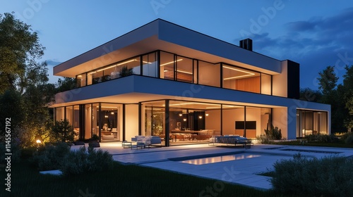 Wallpaper Mural At night, the modern villa is illuminated by colored LED lights. There is no one inside. Torontodigital.ca