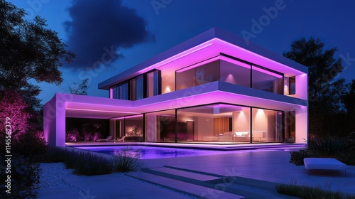 At night, the modern villa is illuminated by colored LED lights. There is no one inside.