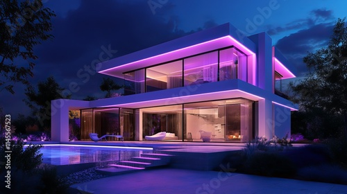 At night, the modern villa is illuminated by colored LED lights. There is no one inside.