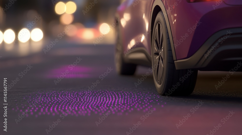 A close-up view of a modern vehicle's wheel on a street, illuminated by vibrant purple lights, with blurred city lights in the background. A close-up view of a modern vehicle's wheel on a street, illuminated by vibrant purple lights, with blurred city lights in the background.