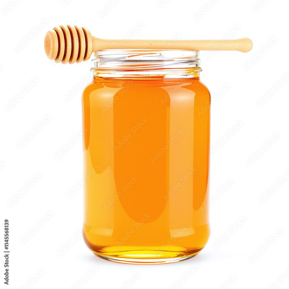 Isolated jar of honey with dipper, minimalist design on white background, stock image Isolated jar of honey with dipper, minimalist design on white background, stock image