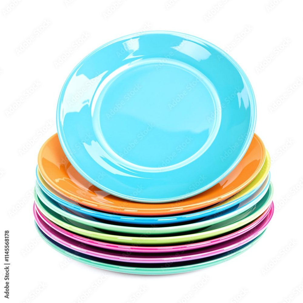 Stack of colorful ceramic plates, isolated on white background, vibrant kitchenware, stock photo