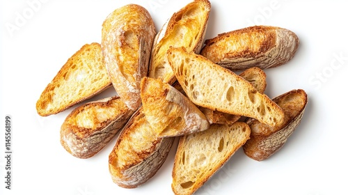 Fresh bread pieces are isolated on a white background from above.