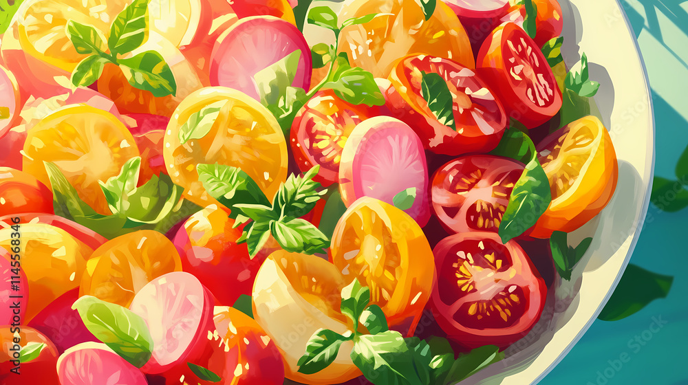 Fresh heirloom tomato and radish salad vibrant garden setting culinary delight bright atmosphere close-up view healthy eating concept. Heirloom. Illustration Fresh heirloom tomato and radish salad vibrant garden setting culinary delight bright atmosphere close-up view healthy eating concept. Heirloom. Illustration