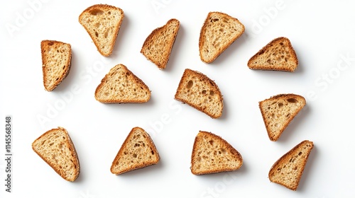 Fresh bread pieces are isolated on a white background from above.