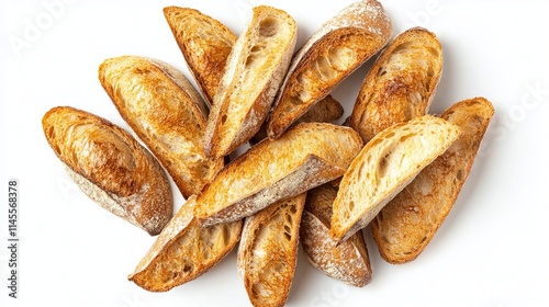 Fresh bread pieces are isolated on a white background from above.