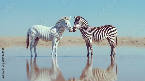 Two zebras stand together in shallow water reflecting photo