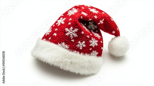 Isolated on a white backdrop is a red Santa hat with a snowflake design, fur trim, and pompom.