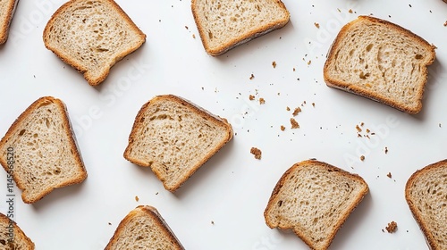 Fresh bread pieces are isolated on a white background from above.