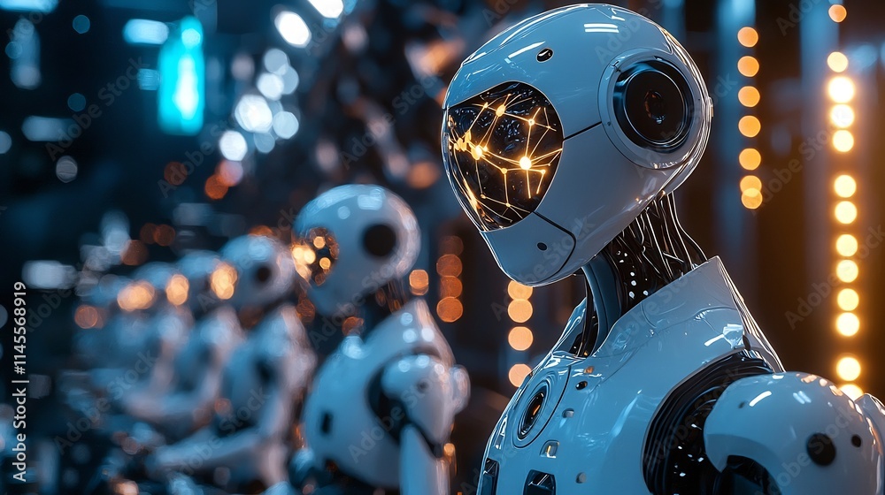 Fototapeta premium Cutting Edge STEM Education Concept with Robotic Assistants Holographic Interactive Experiments and Glowing 3D Molecular Models in a Futuristic Laboratory Setting