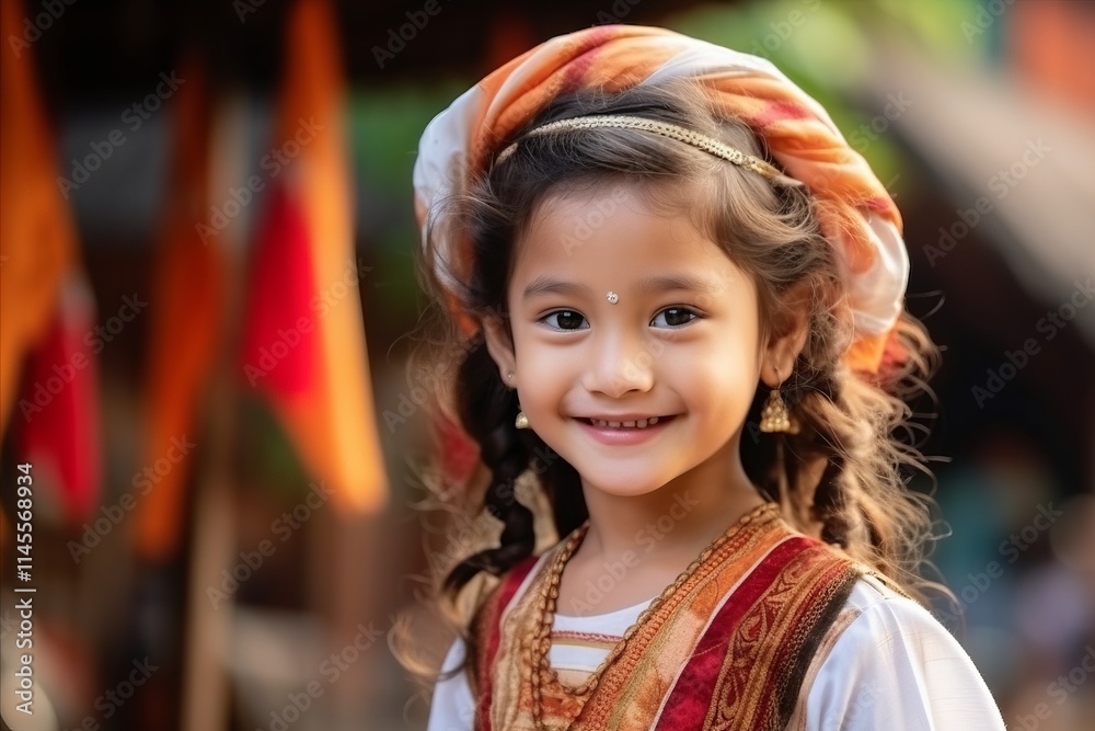 Portrait of a beautiful little girl in traditional costume in the countryside