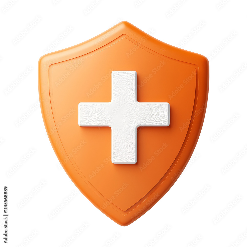 First aid cross icon on orange shield design First aid cross icon on orange shield design