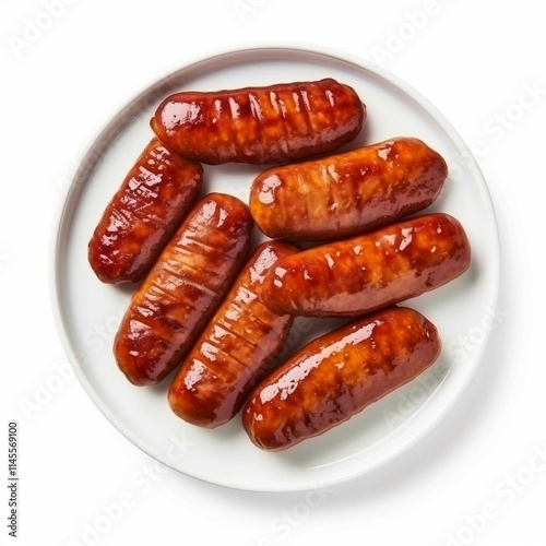 Plate of Sausages, Isolated white background, flat lay