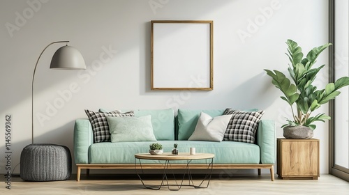 Modern mint couch, wooden console, cube, coffee table, lamp, plant, mock-up poster frame, cushions, plaid, decoration, and sophisticated home decor items are all part of this chic living room interior