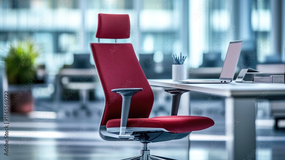 Red office chair placed in front of the table with laptop. Modern workspace or workplace interior design where employees are coming to their job, indoors remote internet connection corporate work Red office chair placed in front of the table with laptop. Modern workspace or workplace interior design where employees are coming to their job, indoors remote internet connection corporate work