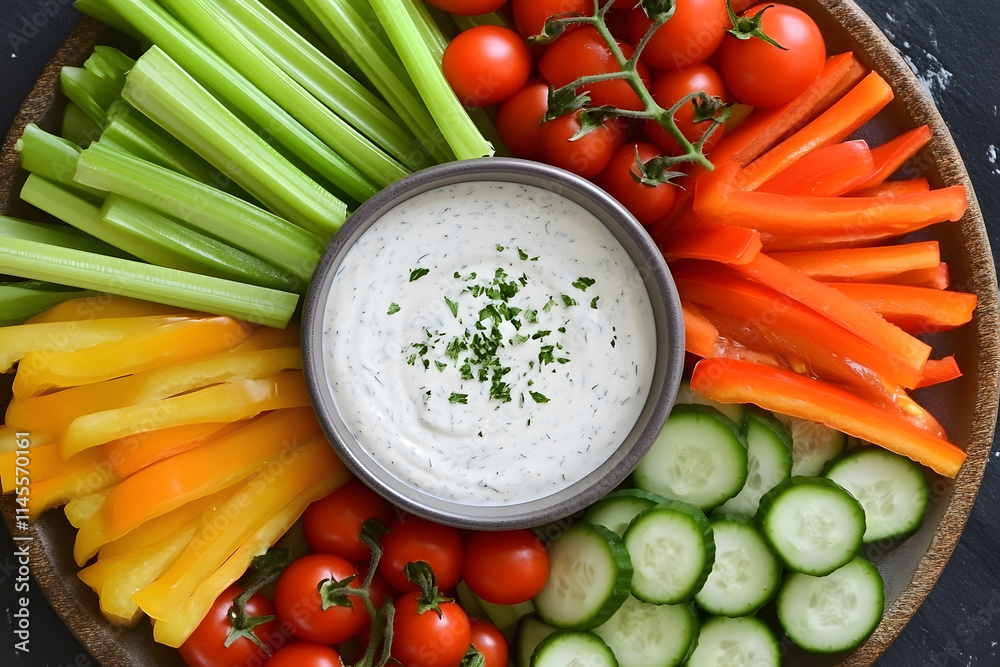 Vibrant vegetable platter with crisp celery, cucumbers, tomatoes, and colorful bell peppers. Vibrant vegetable platter with crisp celery, cucumbers, tomatoes, and colorful bell peppers.