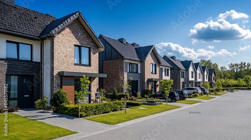 family residences on terraces in a recently constructed housing complex. The suburban real estate market. brand-new single-family homes in a brand-new neighborhood. residences.