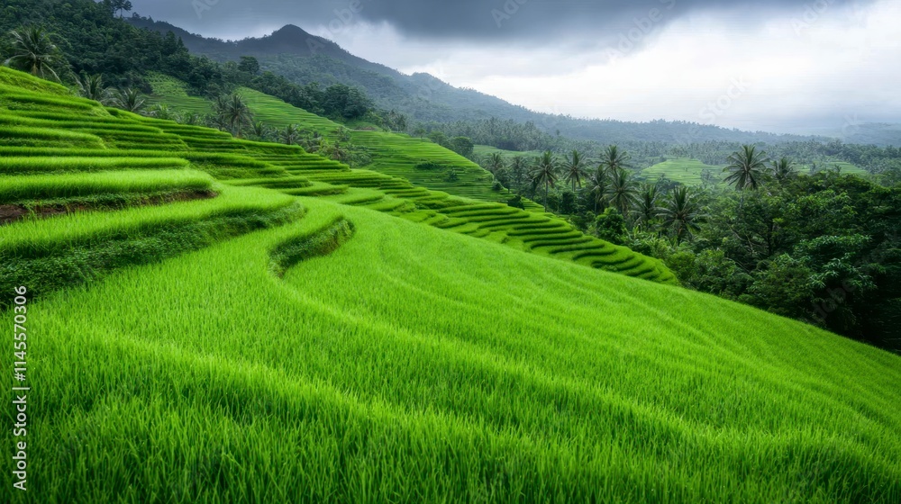 Fototapeta premium Lush green terraced rice fields stretch across rolling hills under a cloudy sky, showcasing nature's beauty and agricultural harmony.