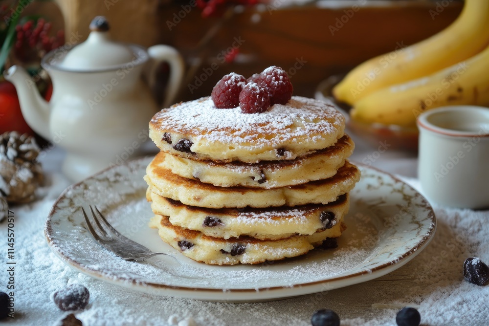 Delicious Blueberry Pancakes Topped With Raspberries And Powdered Sugar Delicious Blueberry Pancakes Topped With Raspberries And Powdered Sugar