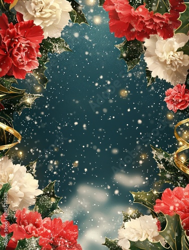 Festive Christmas Frame with Red and White Flowers, Sparkling Snowflakes, and Golden Ribbons in a Beautiful Winter Wonderland Landscape