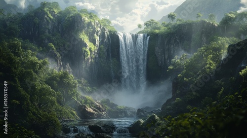 Massive Waterfall Surrounded by Lush Greenery and Dramatic Clouds