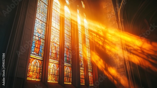 The cathedral's stained glass windows let in sunlight, which fills the church with heavenly light that enters the Lord's house. A reminder of the grace and love of God. The idea of a movie.