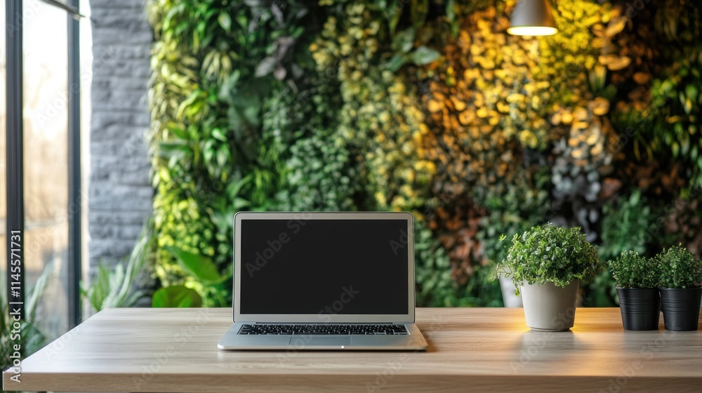Serene Workspace: Laptop on Wooden Desk Against Lush Green Wall Serene Workspace: Laptop on Wooden Desk Against Lush Green Wall