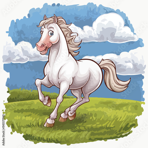 Watercolor vector of a cartoon white stallion animation, isolated on a white background, white stallion animation