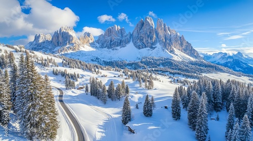 top-down aerial picture of a road, trees, and snow-covered mountains. Dolomites, Italy. 