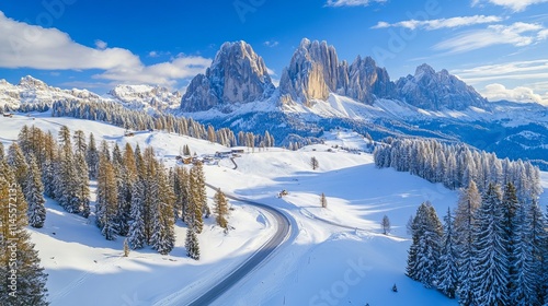 top-down aerial picture of a road, trees, and snow-covered mountains. Dolomites, Italy. 