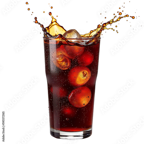 Vibrant cola splash with droplets and bubbles isolated, fizzy soft drink carbonation effect on transparent background, soda liquid motion for beverage ads, refreshing drink explosion cutout graphic