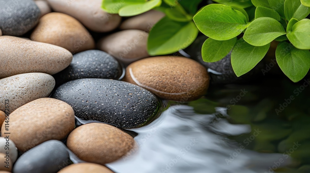 Macro natural concept. Smooth, colorful pebbles by a tranquil water surface with lush green leaves nearby. Macro natural concept. Smooth, colorful pebbles by a tranquil water surface with lush green leaves nearby.