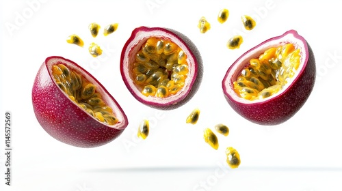 Passion fruit (passiflora) in the air, both whole and cut, on a white backdrop.