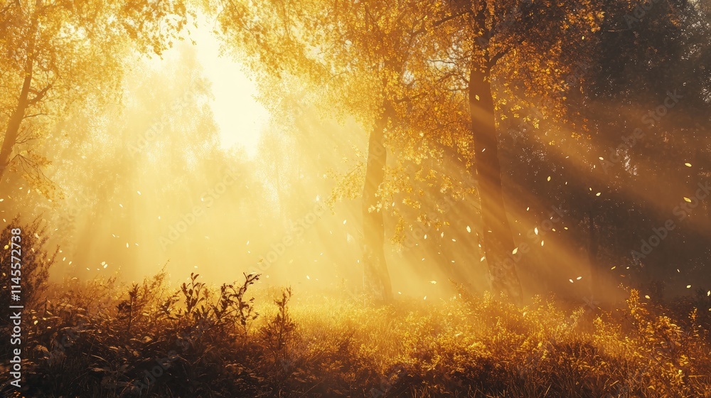 Misty Autumn Forest Bathed in Warm Sunlight and Golden Leaves Misty Autumn Forest Bathed in Warm Sunlight and Golden Leaves