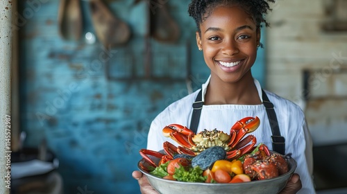 Posing with a bowl full of blue crabs and fresh fruit is a young BIPOC chef.