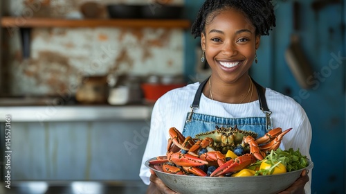 Posing with a bowl full of blue crabs and fresh fruit is a young BIPOC chef.