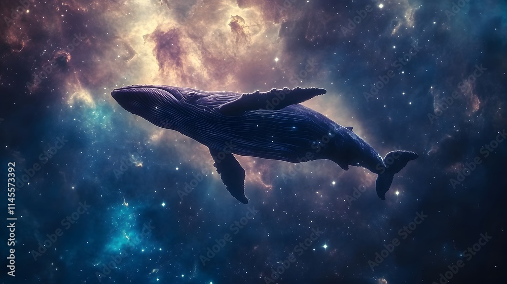Majestic whale swimming through cosmic galaxy outer space digital art vast universe ethereal perspective Majestic whale swimming through cosmic galaxy outer space digital art vast universe ethereal perspective