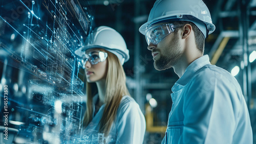 Engineers Analyzing Data in High-Tech Control Room with Augmented Reality Graphics and Safety Gear photo