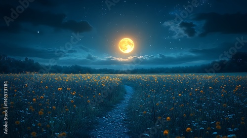 Nighttime Flower Field Illuminated by Full Moon and Stars