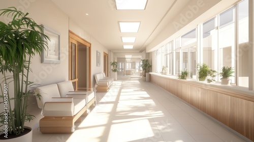 Serene Hospital Corridor  Sunlight Streaming Through Large Windows