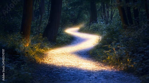 Enchanting illuminated trail through a forest nature photography serene atmosphere nighttime viewpoint photo