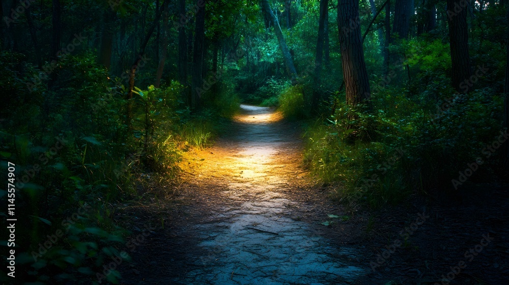 Evening pathway through enchanted forest nature photography serene environment magical atmosphere Evening pathway through enchanted forest nature photography serene environment magical atmosphere