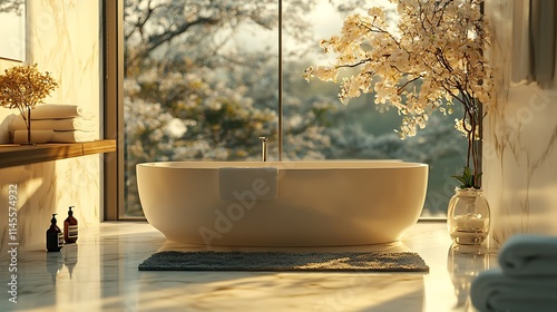 Modern bathroom with freestanding bathtub, marble floor, large window overlooking blossoming trees, and natural light.