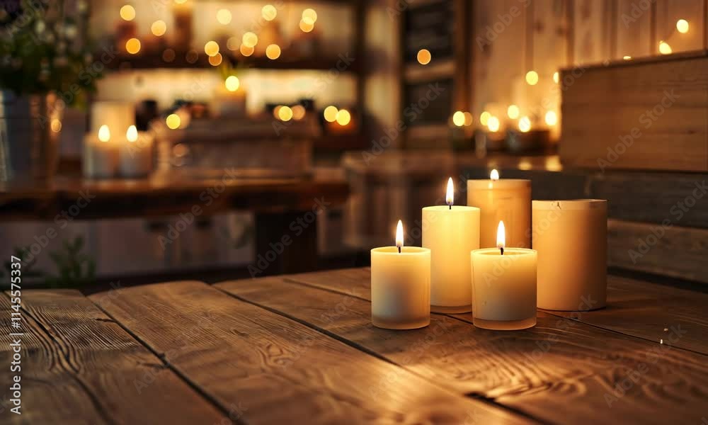 Warm, cozy candlelit room with wooden furniture and soft ambient light