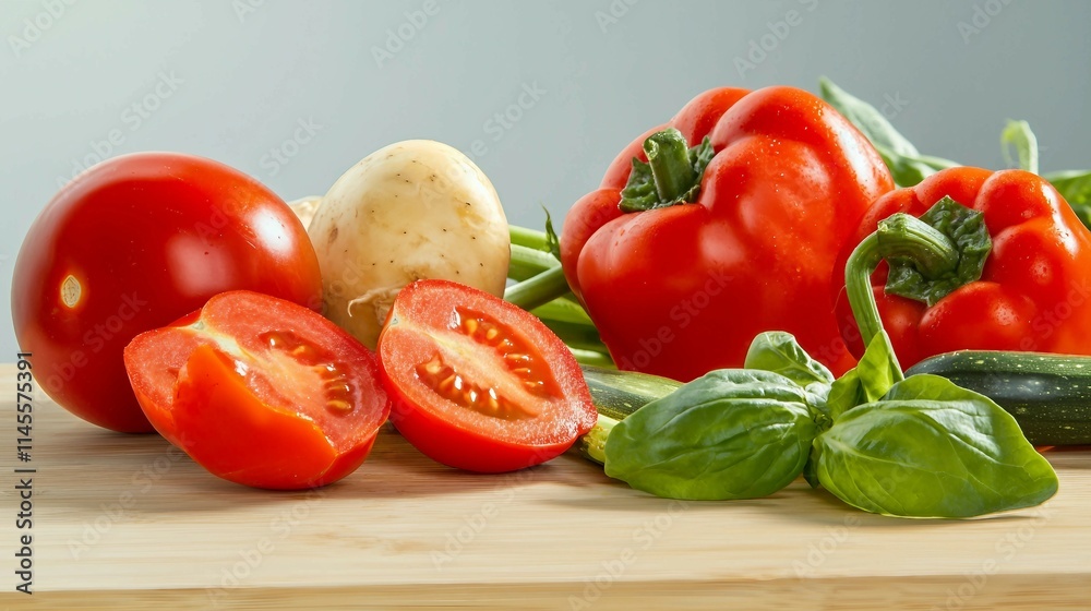 Fresh Organic Vegetables on Wooden Cutting Board Displayed Neatly Fresh Organic Vegetables on Wooden Cutting Board Displayed Neatly