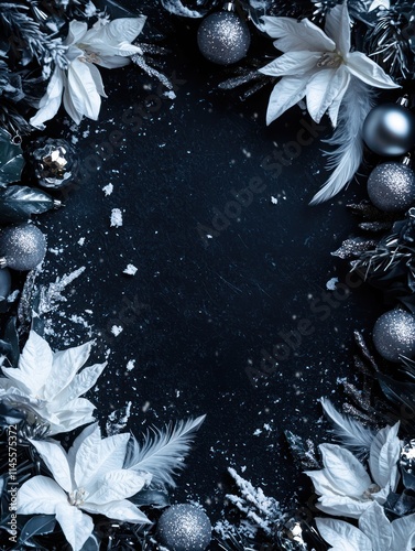 Elegant Dark Fantasy Christmas Frame with White Floral Accents and Glittering Ornaments for Festive Seasonal Designs