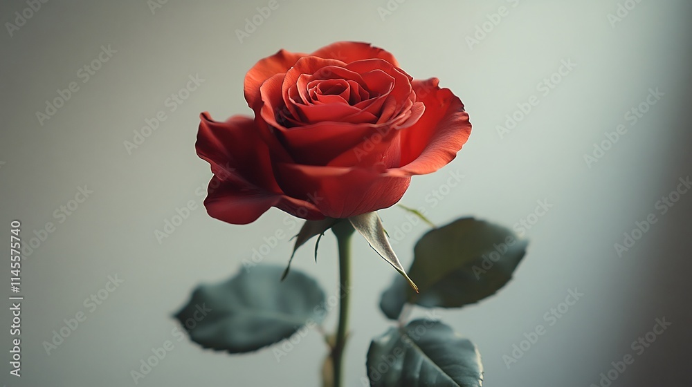Single red rose with petals fully bloomed against a soft white background minimalist floral focus Single red rose with petals fully bloomed against a soft white background minimalist floral focus