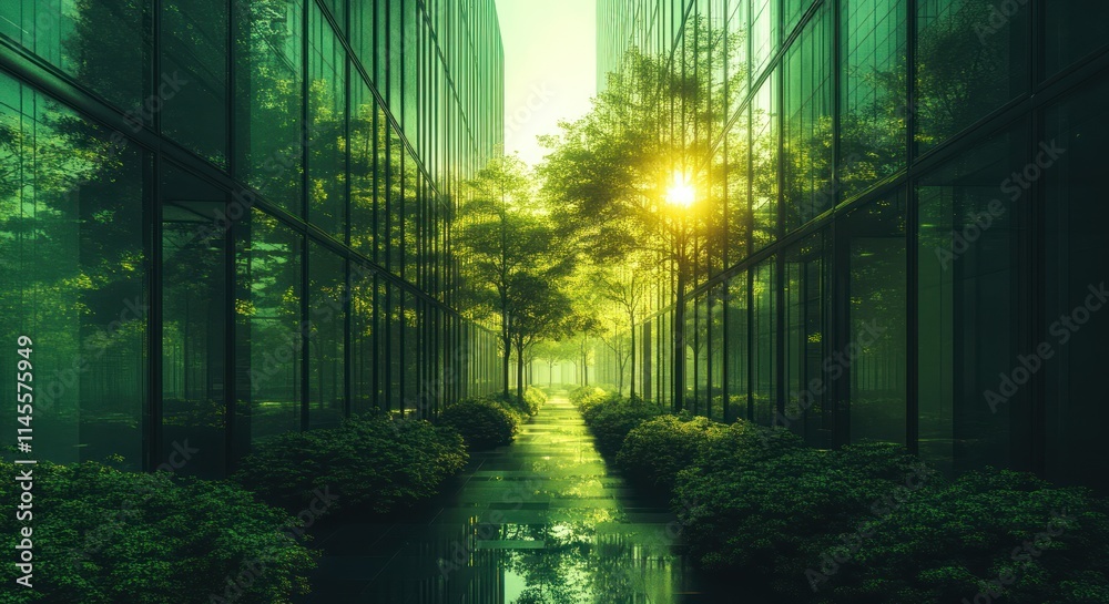 Obraz premium Serene urban pathway with greenery and sunlight.